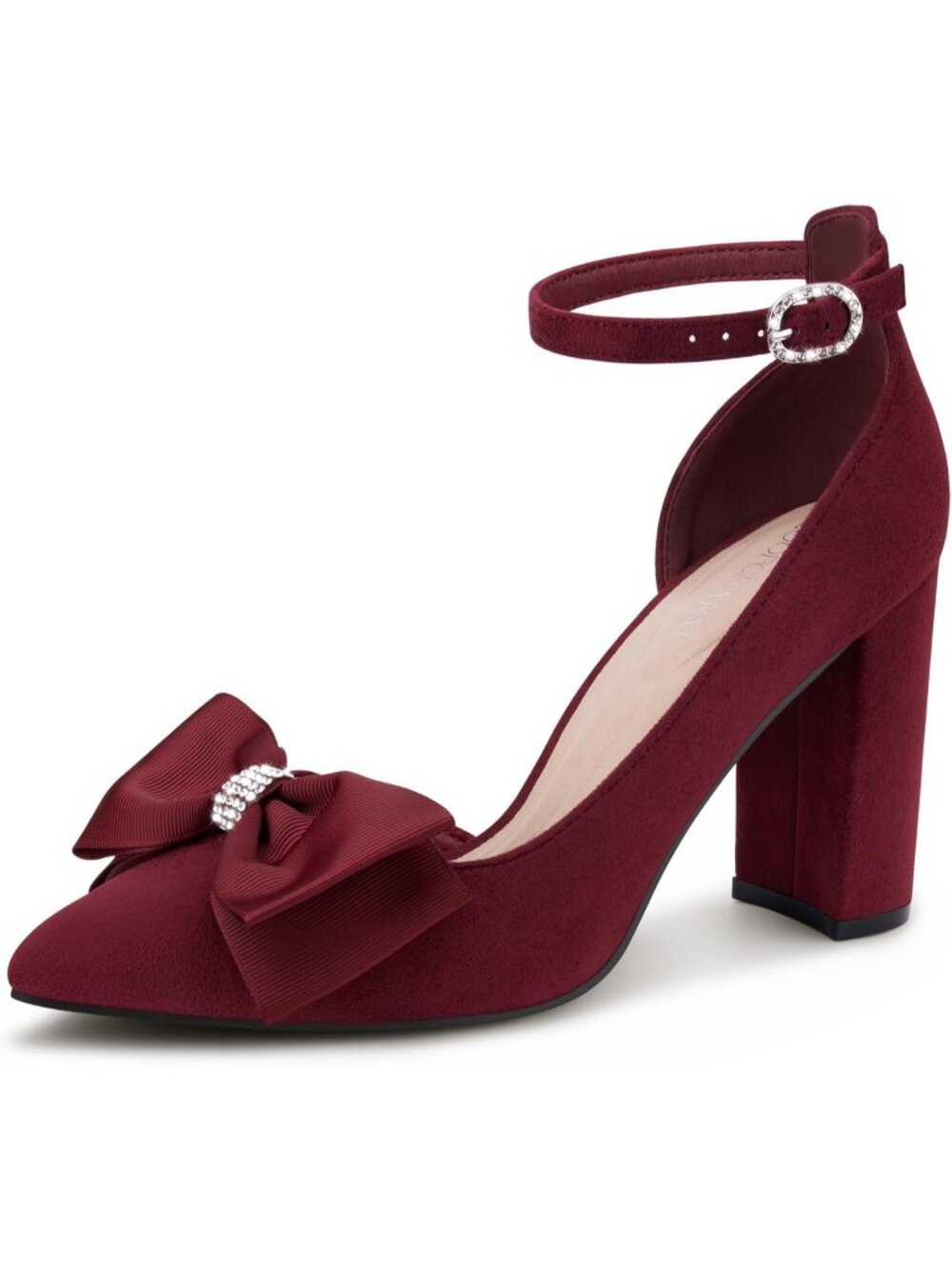 Women's Burgundy Su Pointed Toe Pumps Bow on Toe Ankle Strap Chunky Block Heel